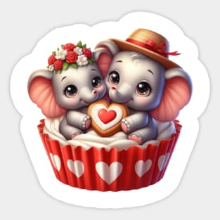 Valentine Elephant Couple In A Cupcake Sticker